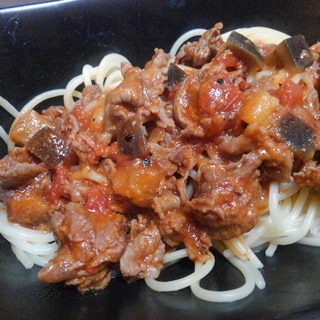 トマト煮込みリメイク♪牛肉と茄子のスパゲッティー